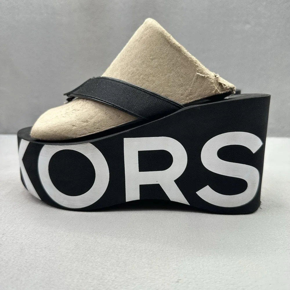 Michael Kors Benny Womens Size 6 Flip Flops Platform Black White Wedge MK‎ Logo